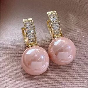 Elegant Gold, Pink Pearl, and Rinestone Earrings
